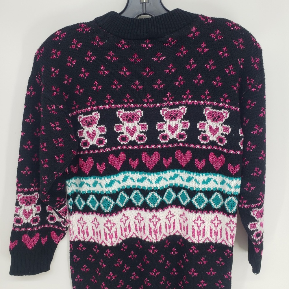Vintage 90s Private Eyes Bear Heart Fair Isle Sweater Womens XS Black Pink Lurex - Picture 7 of 8